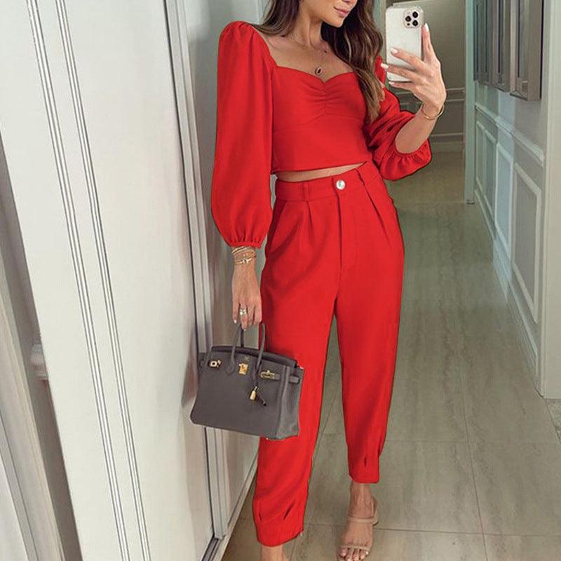 Fashion Matching Suit Temperament Pure Color Square Collar Long Sleeve Top High Waist Ankle-tied Trousers Two-piece Set - Trendha