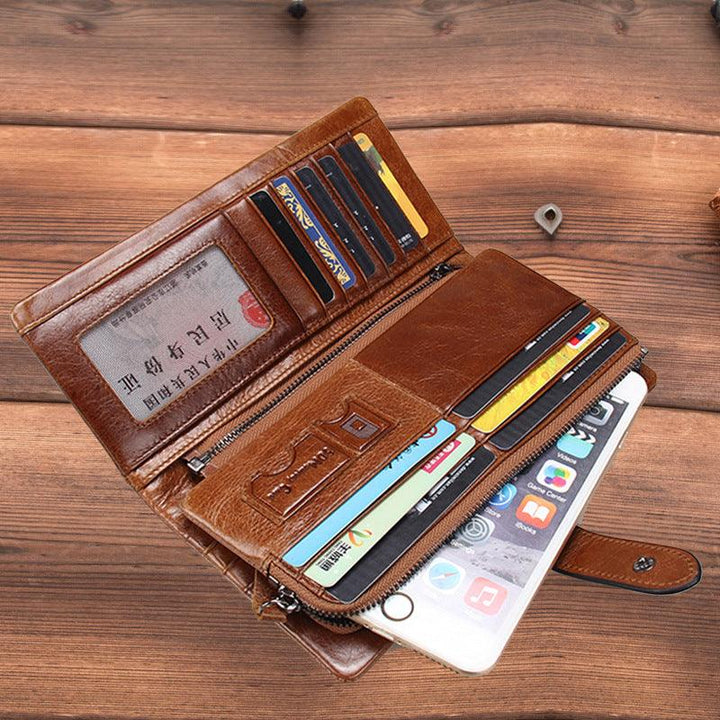 Fashion Stitching Long Cowhide Leather Men's Wallet - Trendha
