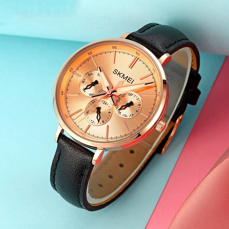 Fashion Six-pin Genuine Leather Women's Retro Round Quartz Watch