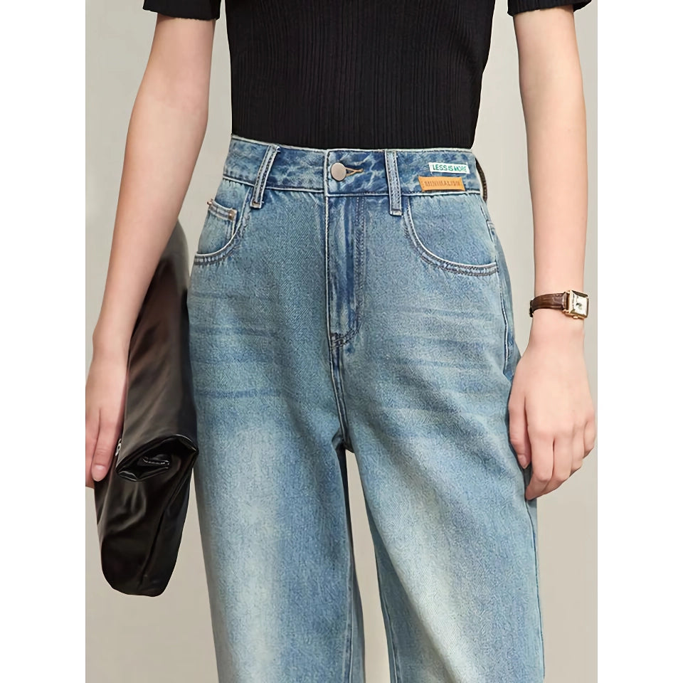 Minimalist Retro Wide-Leg Jeans with Leather Plate Decoration