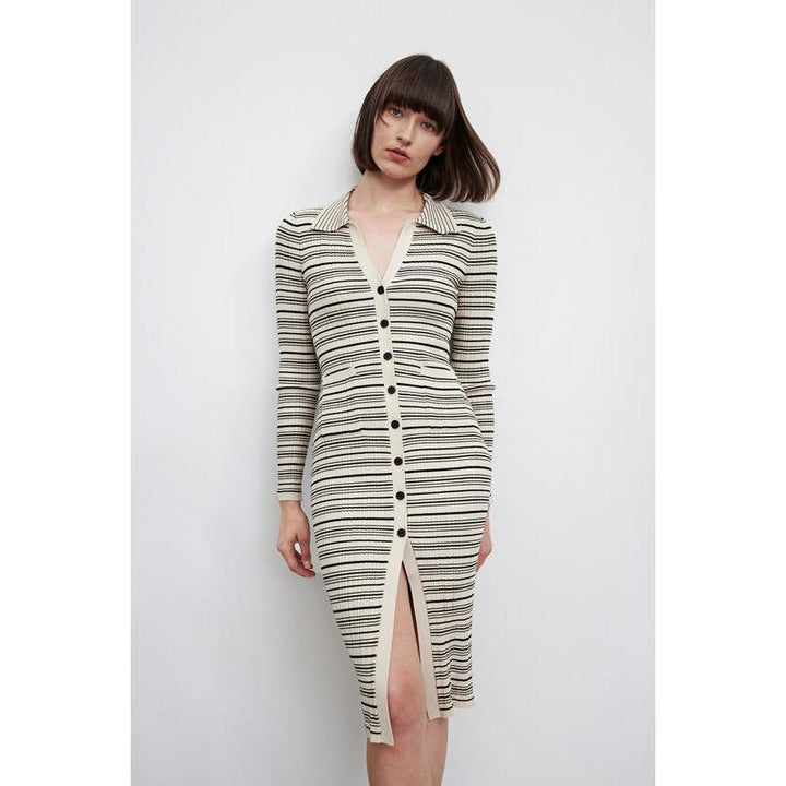 French Style Skinny Dress with Striped Lapel