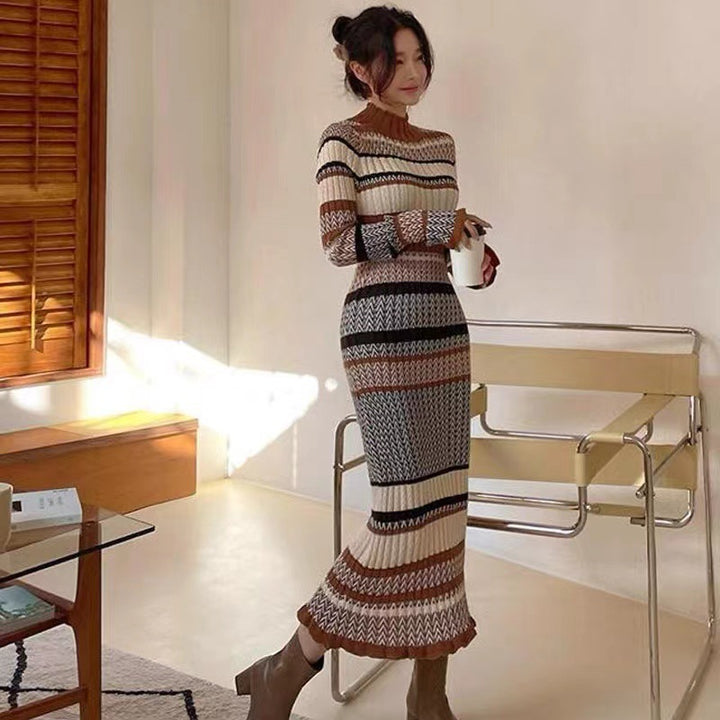 Autumn And Winter Retro Mixed Color Stripe Long Dress