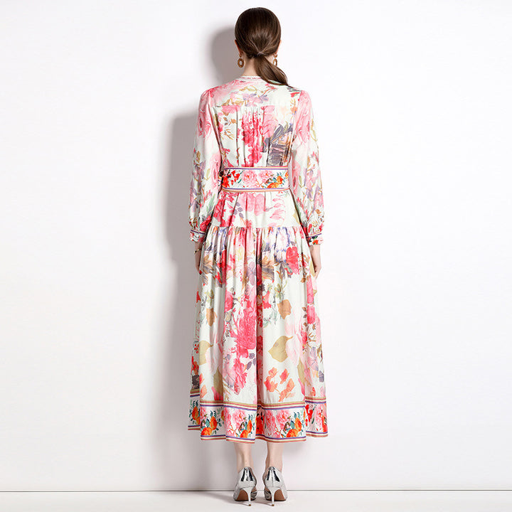 Elegant Floral Single-breasted Swing Dress