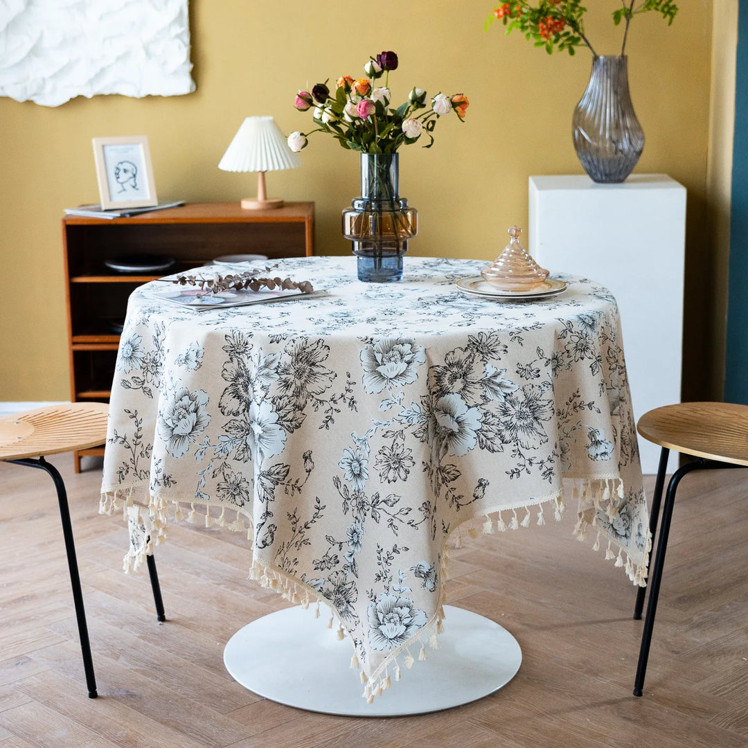 Peony Print Cotton Linen Tablecloth with Tassels for Elegant Home Décor