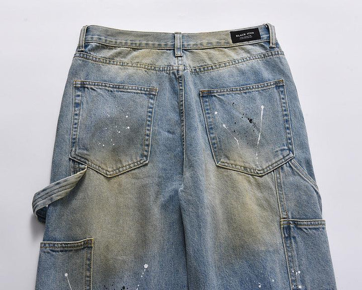 High Street Trendy Brand Long Zipper Split Burnt Out Speckled Ink Jeans - Trendha