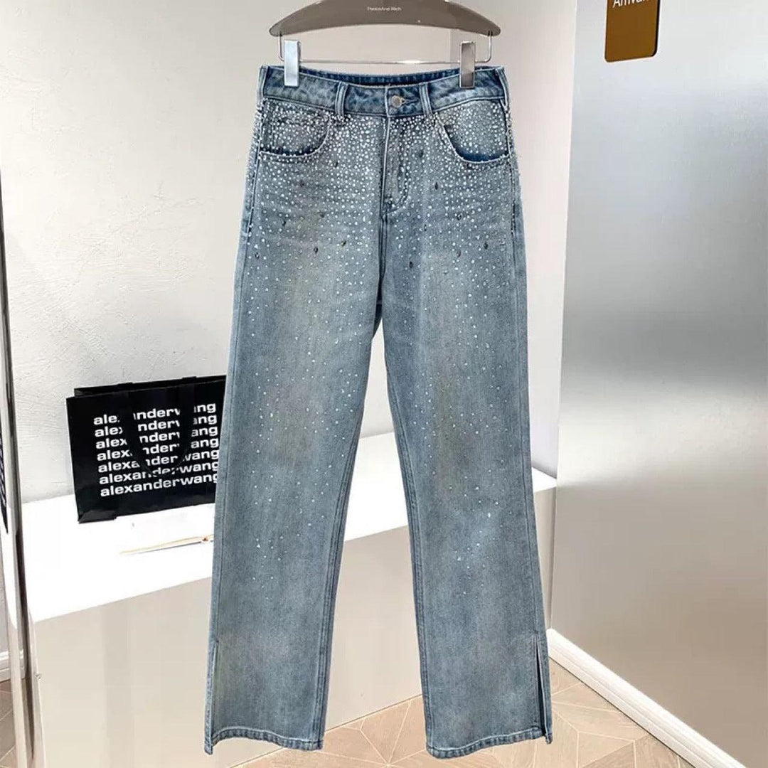High Waist Rhinestone Split Slightly Flared Jeans Female - Trendha