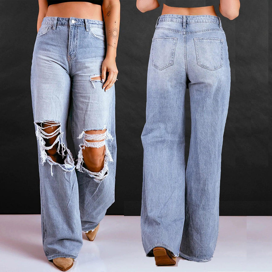 High Waist Wash Loose Straight Trousers - Trendha