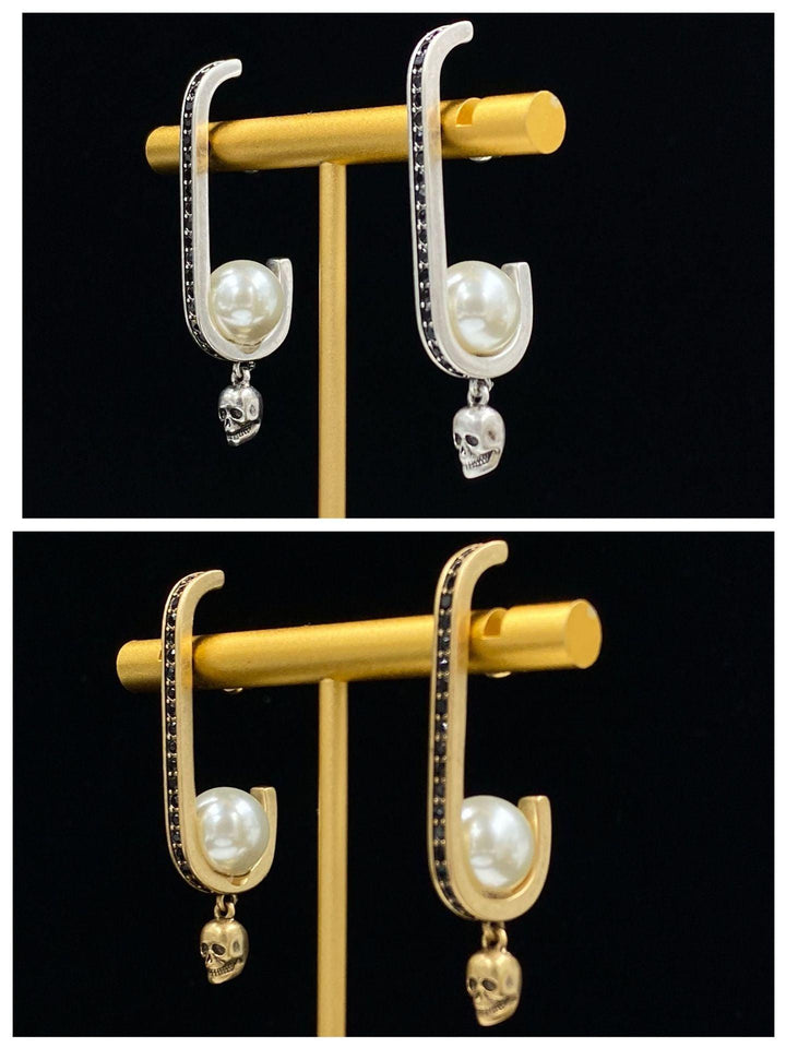 New Skull Head Women's Pearl Brass And Diamond Earrings - Trendha