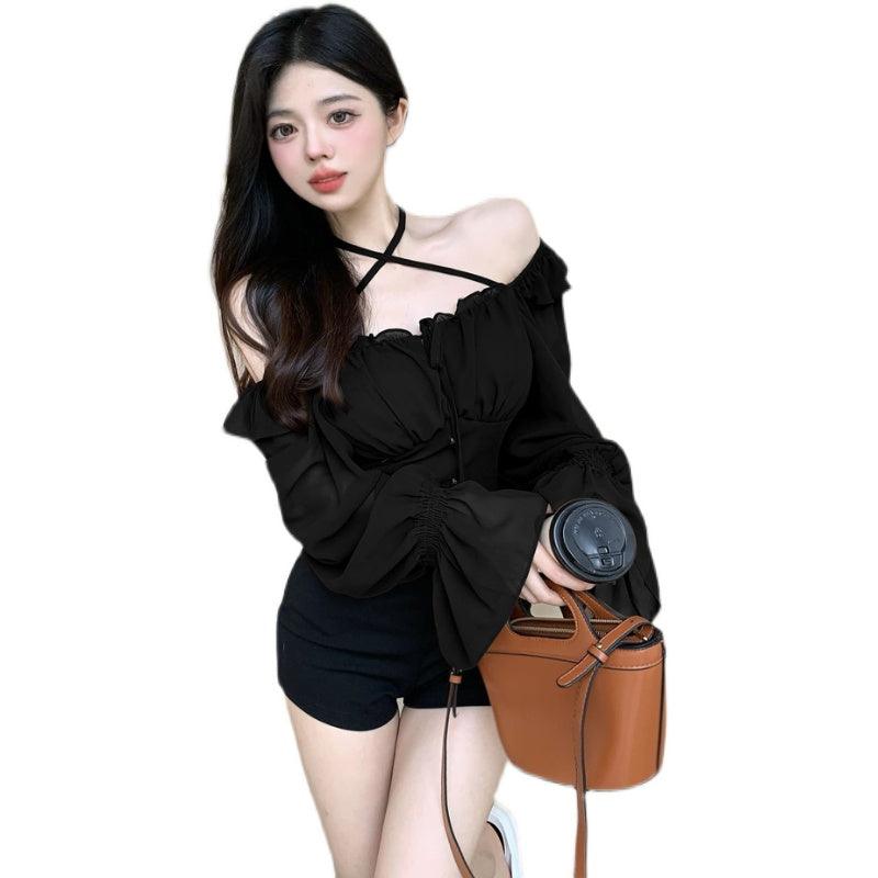 One Line Neck Long Sleeved Ruffled Chiffon Shirt - Trendha