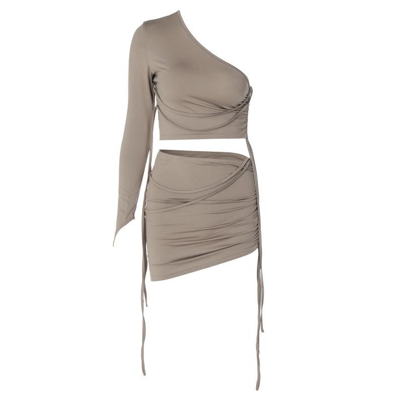 One Shoulder Midriff-baring Top Side Drawstring Skirt Suit - Trendha