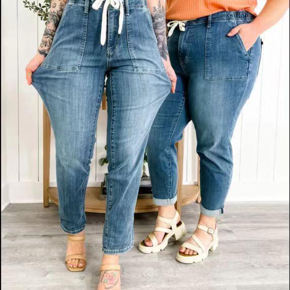 Oversized Straight Trousers Women's Drawstring Jeans Fashion Pants - Trendha