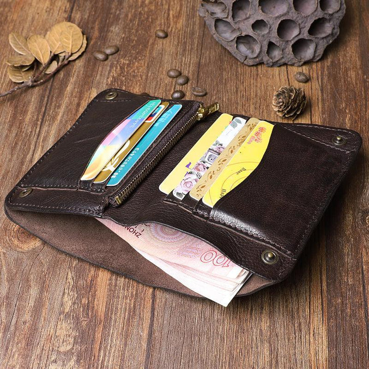 Pleated Leather Vertical Purse Men's Short First Layer Cowhide Zipper Small Card Bag - Trendha