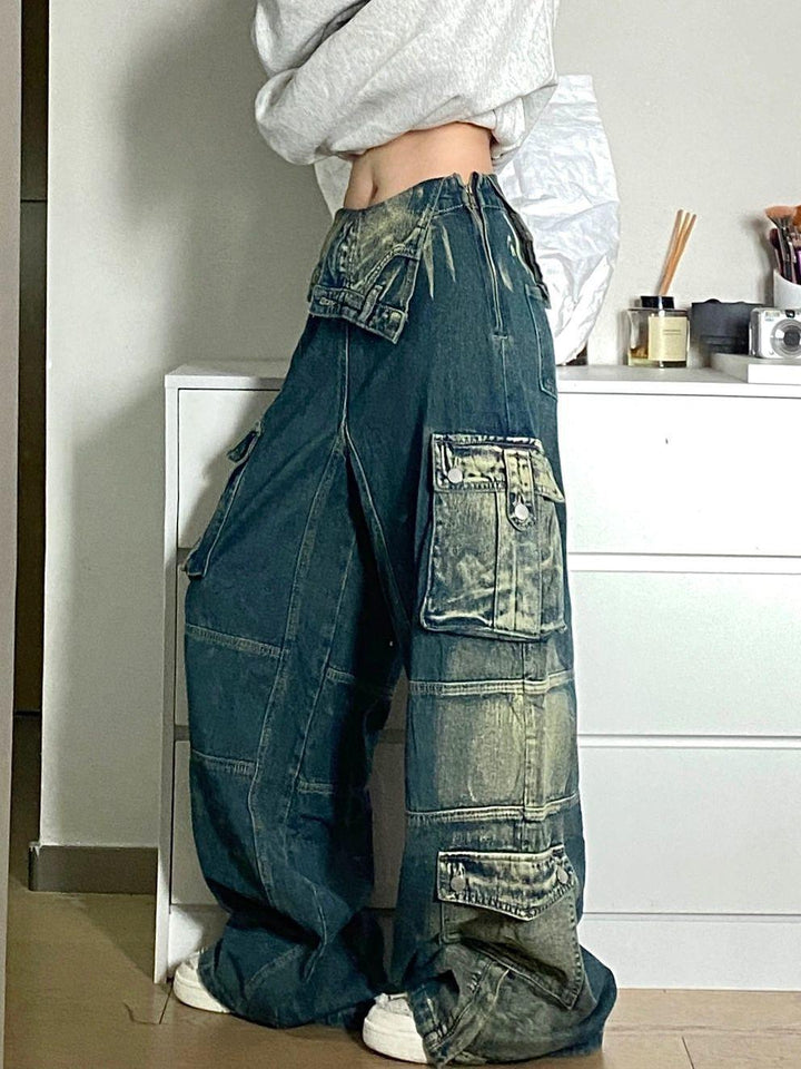 Plus Size Retro Washed Cargo Jeans Women - Trendha