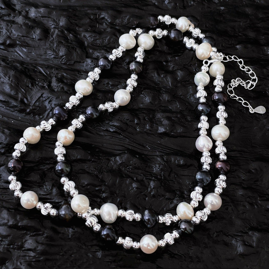 Silver Black And White Pearl Laser Bead Necklace - Trendha