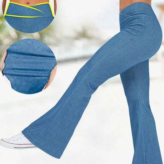 Solid Color High Waist Cross Stretch Denim Casual Sports Bell-bottom Pants - Trendha