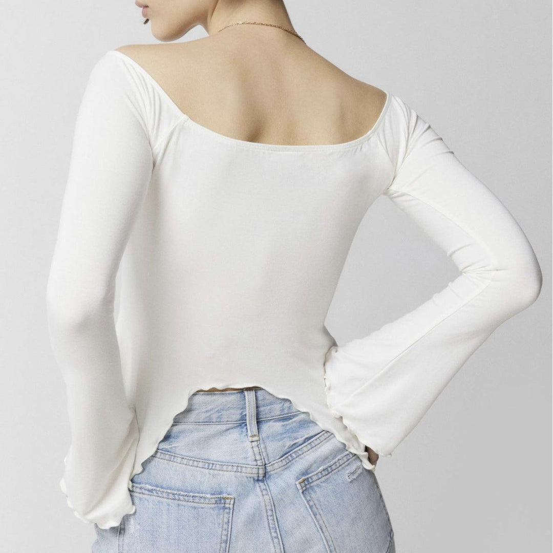 Two-wear Top Wooden Ear Edge Horn Sleeve Sexy Off-the-shoulder Long Sleeve T-shirt Woman - Trendha