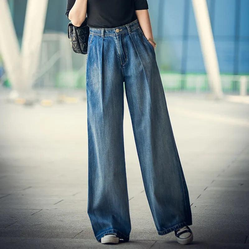 Women's Fashion Color Contrast Loose High Waist Denim Trousers - Trendha