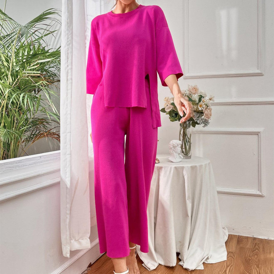 Women's Knitted Ice Silk Two-piece Suit Split Round-neck High Waist - Trendha