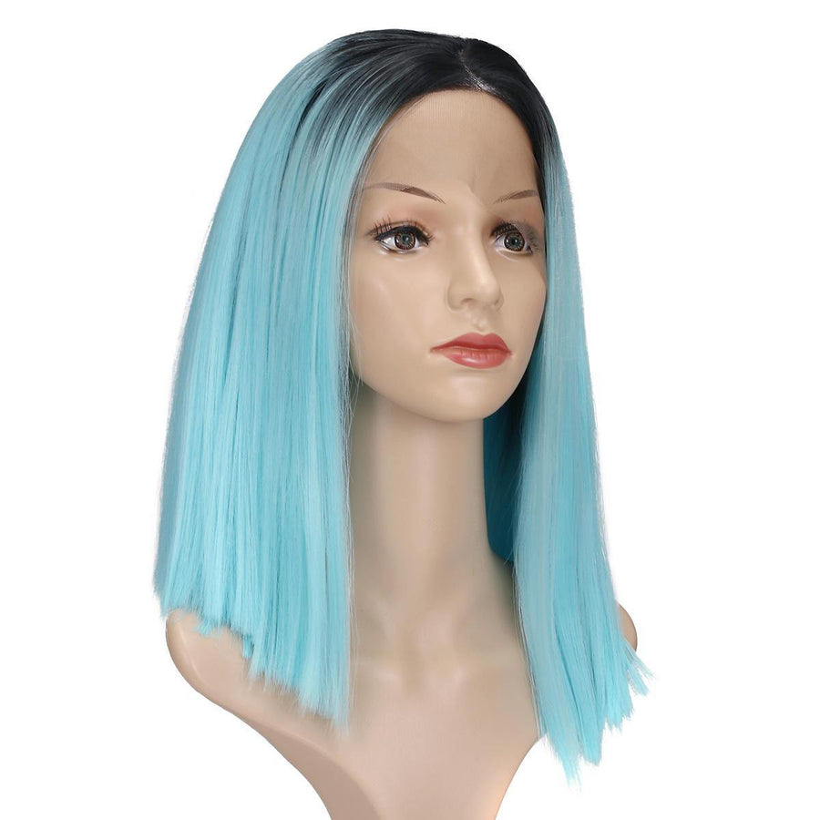 14" Lace Front Wig Synthetic Hair Bue Black Roots Full Wigs - Trendha
