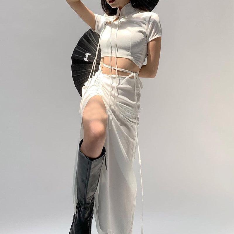 Hong Kong Style Suit Short Lace-up Cheongsam Collar High Waist Skirt - Trendha