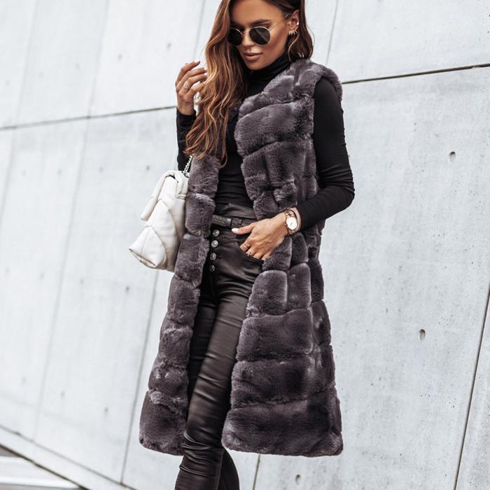 Long round neck fur vest jacket - Trendha