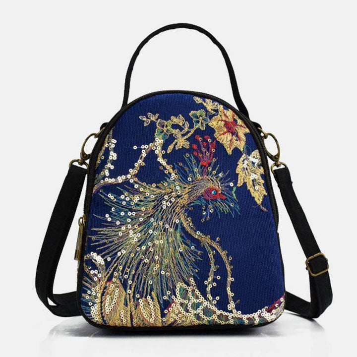 Women Canvas Ethnic Style Embroidery Peacock Pattern Sequin Mini Multi-carry Handbag Crossbody Bag - Trendha