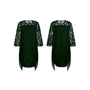 Lace Splicing Chiffon Dress With Irregular Hem With Seven Minute Sleeves - Trendha