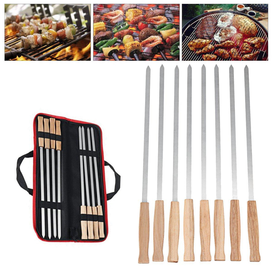 6Pcs Kebab BBQ Stainless Steel Skewers with Wooden Handles Roasting Pin Barbecue Fork Wooden Handle for Picnic - Trendha