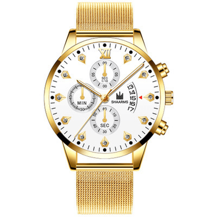 Khorasan Fashion Business Decorated Pointer with Calendar Dial Alloy Mesh Band Men Quartz Watch Wristband - Trendha