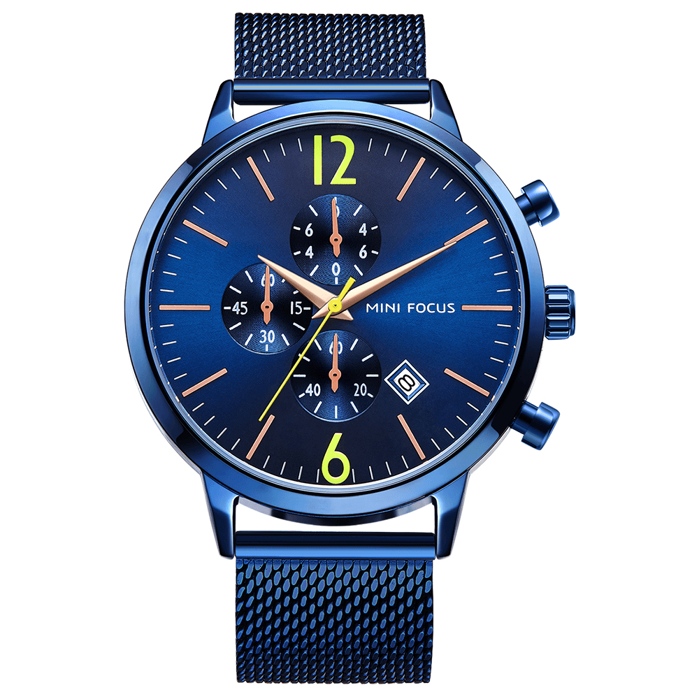 MINI FOCUS MF0185G Business Style Complete Calendar Mesh Steel Men Wristwatch Quartz Watch - Trendha