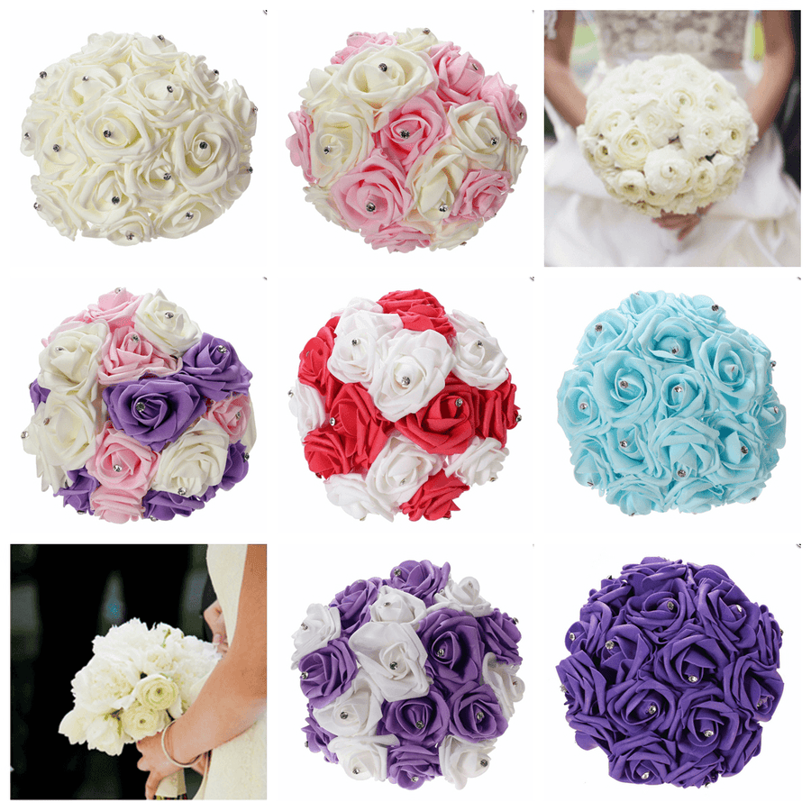Crystal Artificial Foam Rose Flower Bridesmaid Bouquet Bridal Wedding Decorations - Trendha