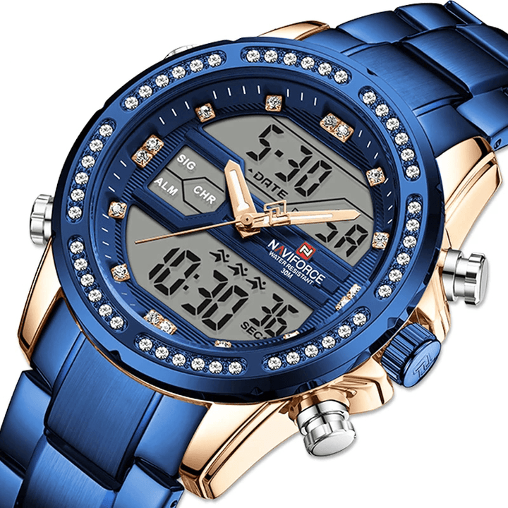 NAVIFORCE 9190 Crystal Full Steel Band Dual Display Watch Calendar Alarm Men Wrist Watch - Trendha