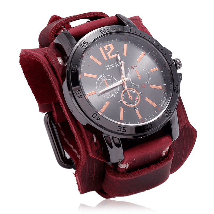 Deffrun Retro Style Decorative Three Dial Quartz Watch Cowhide Leather Band Men Wrist Watch - Trendha