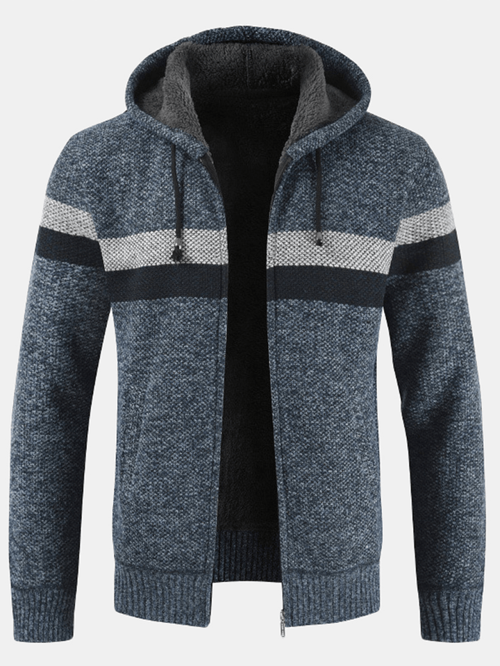 Mens Patchwork Zip Front Rib-Knit Plush Lined Hooded Cardigans with Pocket - Trendha