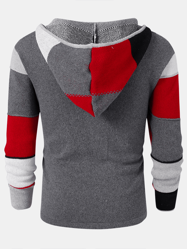 Mens Block Knitted Zipper Warm Hooded Sweater Cardigans with Pocket - Trendha