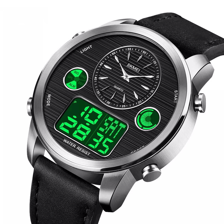 SKMEI 1653 Fashion Men Digital Watch Date Week Luminous Display Stopwatch Countdown Leather Strap Dual Display Watch - Trendha