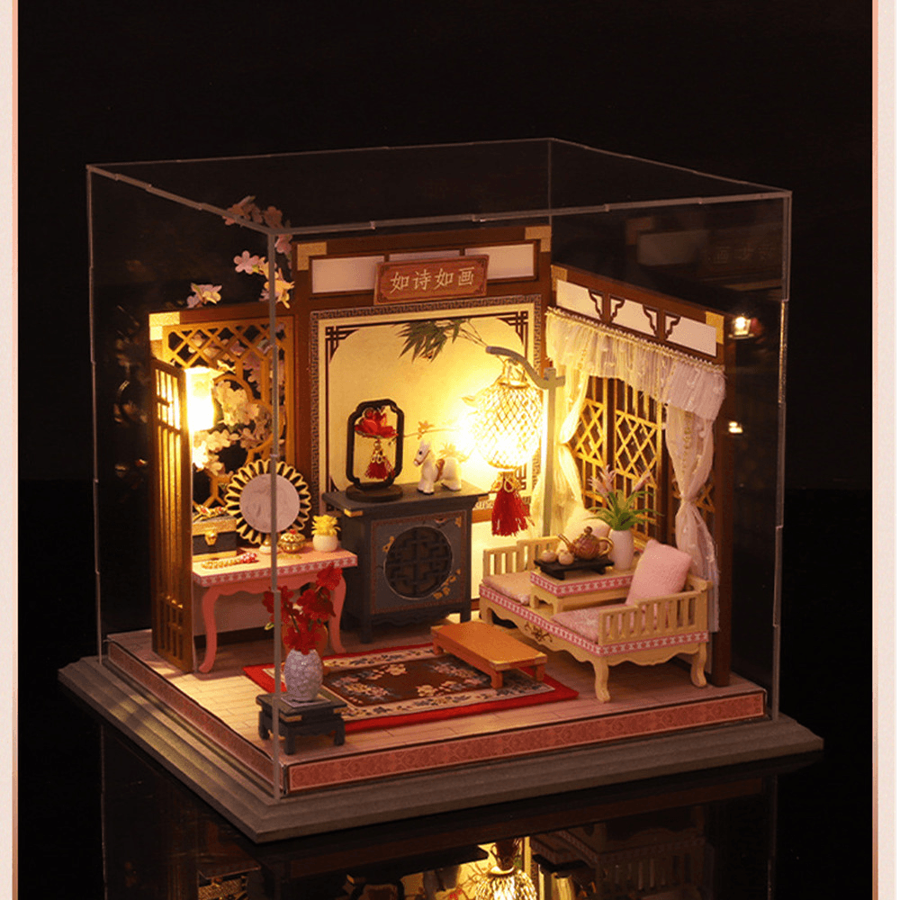 DIY Creative Chinese Style Retro Architectural Model Wooden Doll House Miniature Landscape Home Creative Gifts with Dust Cover and Furniture - Trendha