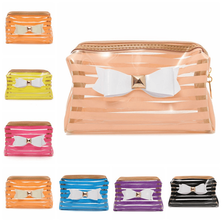 Stripe Transparent Cosmetic Bag Travel PVC Bow Tie Make up Organizer Case - Trendha
