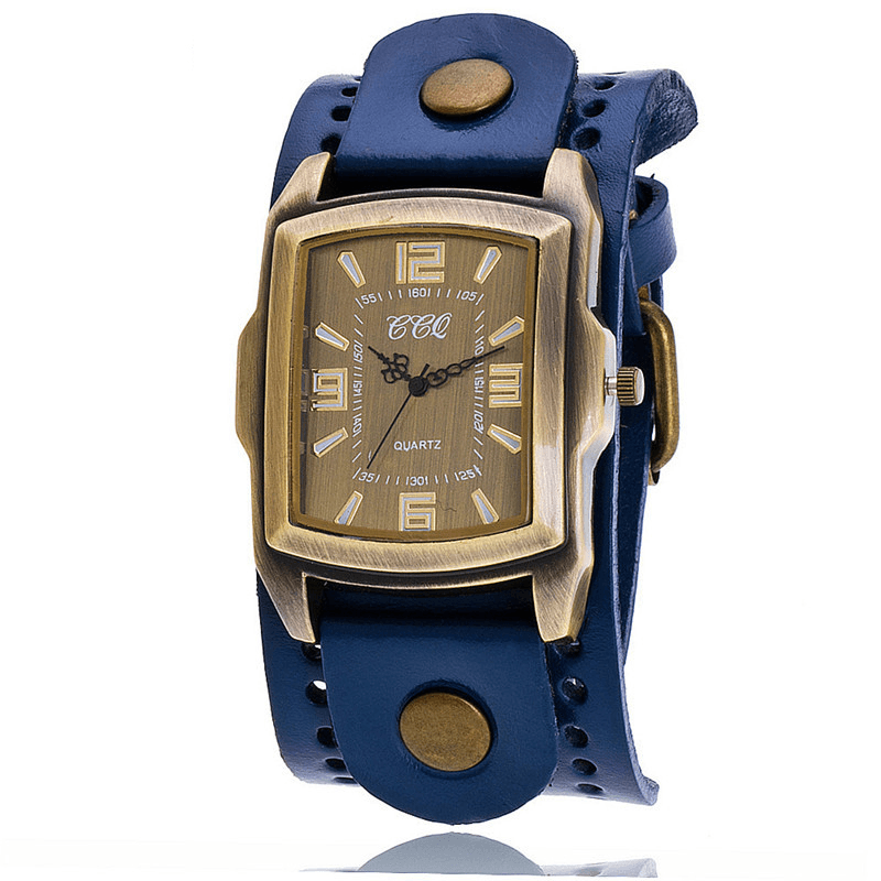 Vintage Fashion Rectangle Dial Cow Leather Wrist Watch Unisex Antique Casual Band Men Quartz Watch - Trendha