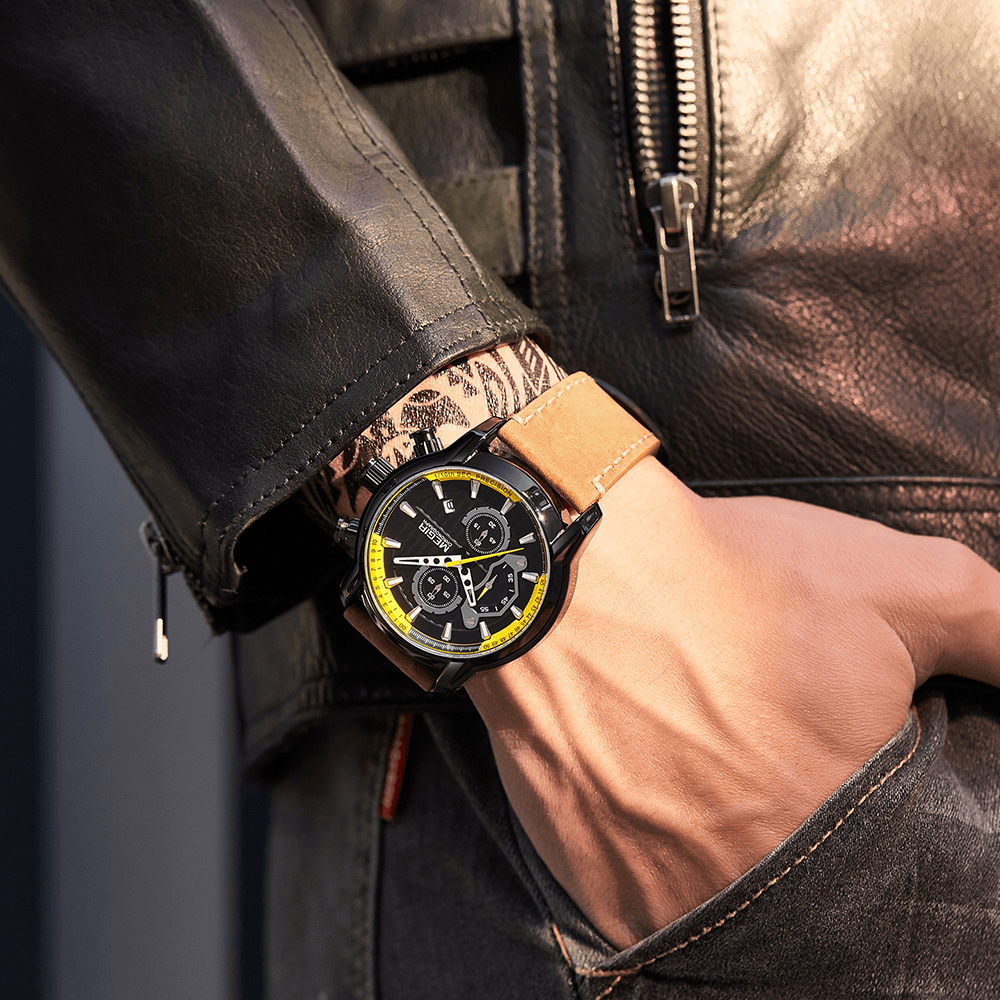 MEGIR 2104 Sport Men Watch Waterproof Luminous Date Display Chronograph Leather Strap Quartz Watch - Trendha