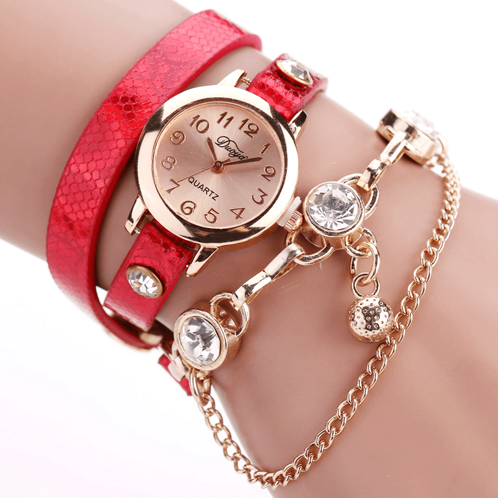 DUOYA Retro Style Pendant Bracelet Watch Rose Gold Case Leather Strap Quartz Watches - Trendha