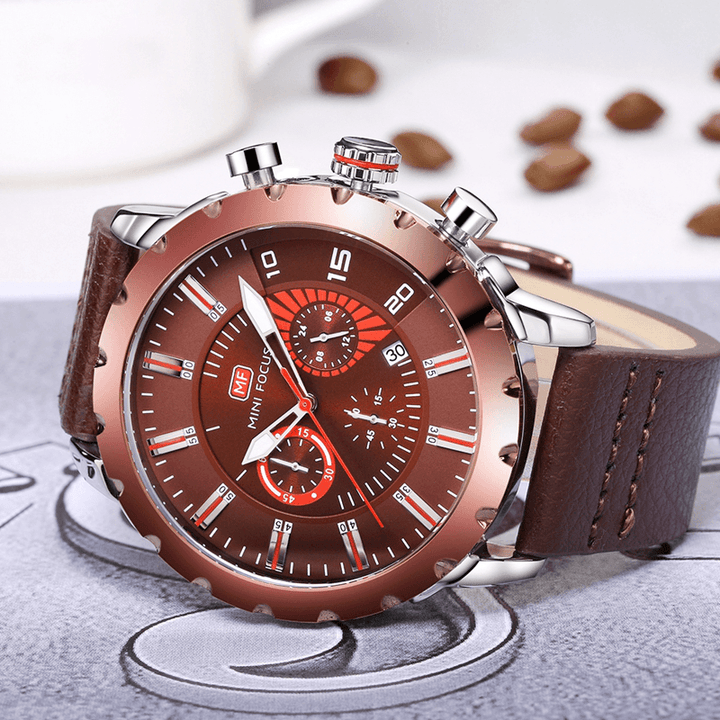 MINI FOCUS MF0079G Multifunction Men Wrist Watch Chronograph Leather Band Quartz Watch - Trendha