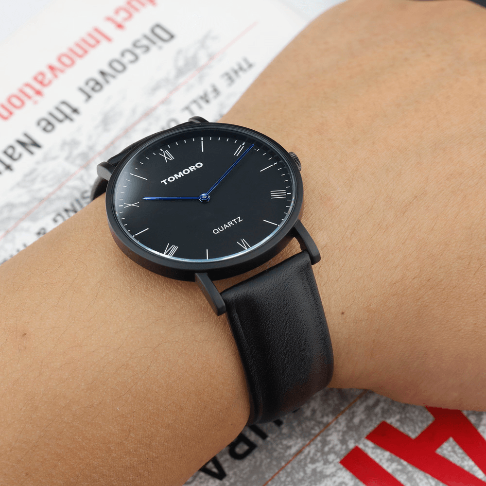 TOMORO TM0818 Fashion Leather Strap Large Dial Blue Pointer Ultra-Thin Men Watch Quartz Watch - Trendha