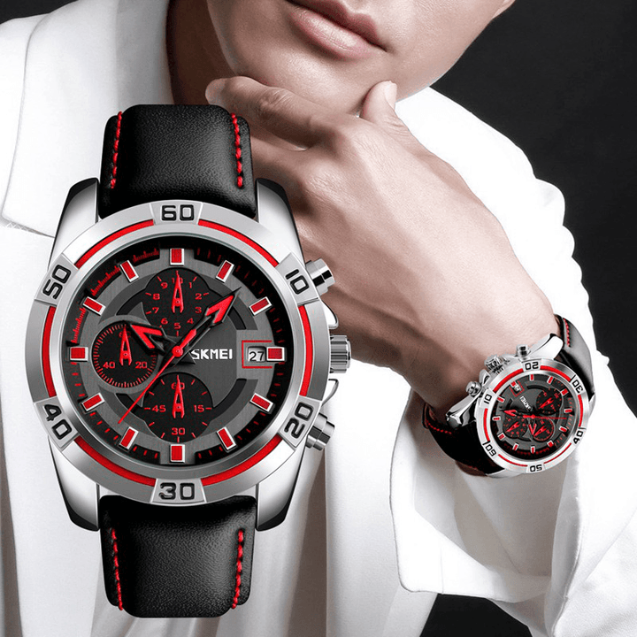 SKMEI 9156 Sport Watch Chronograph Leather Strap Waterproof Men Quartz Wrist Watch - Trendha