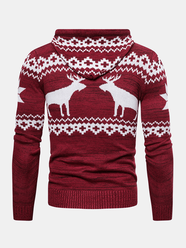 Christmas Mens Deer Pattern Knitted Hooded Sweater Cardigans with Pocket - Trendha