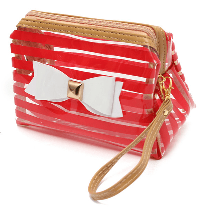 Stripe Transparent Cosmetic Bag Travel PVC Bow Tie Make up Organizer Case - Trendha