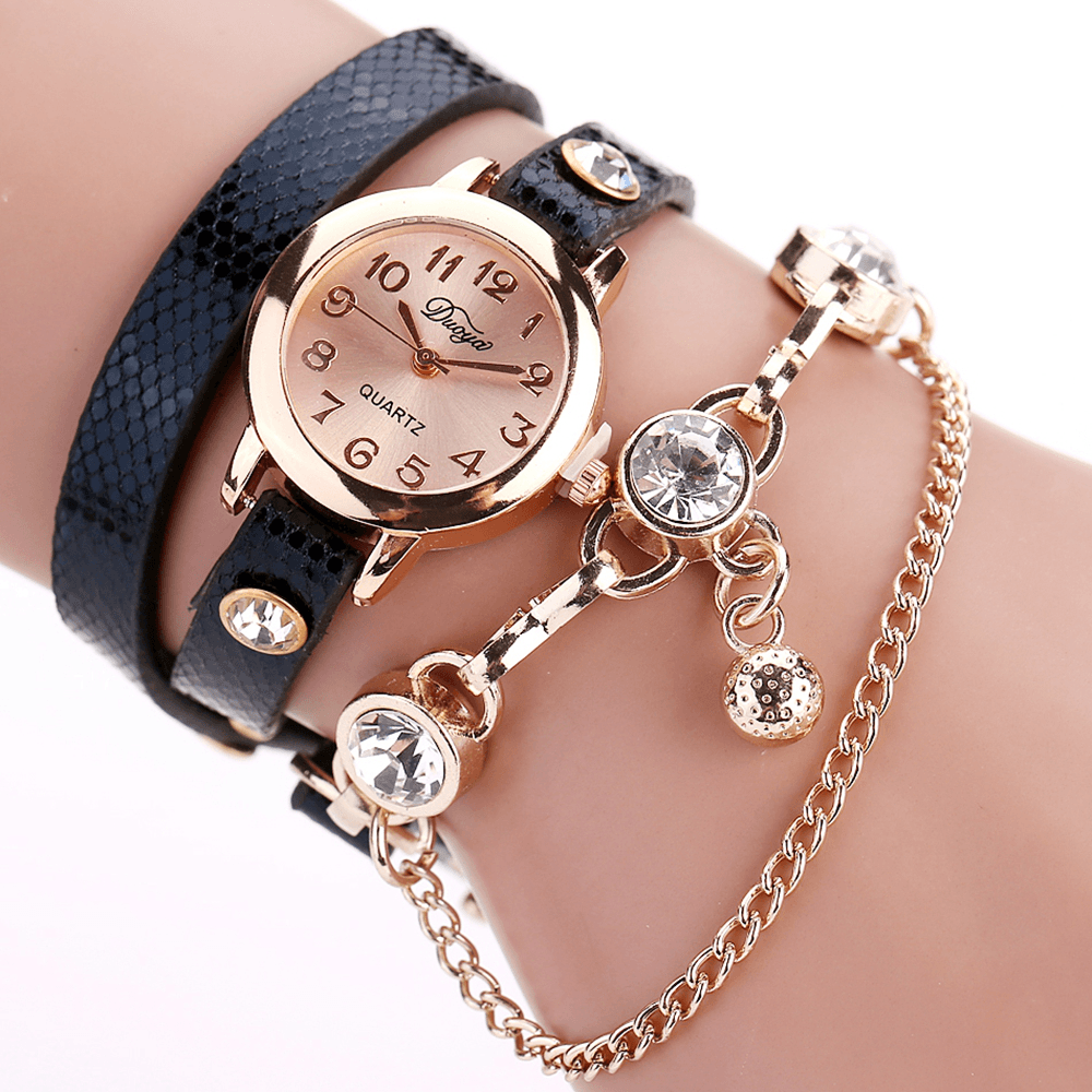 DUOYA Retro Style Pendant Bracelet Watch Rose Gold Case Leather Strap Quartz Watches - Trendha