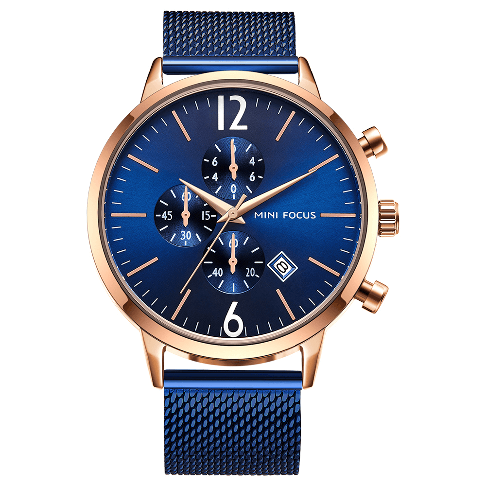 MINI FOCUS MF0185G Business Style Complete Calendar Mesh Steel Men Wristwatch Quartz Watch - Trendha