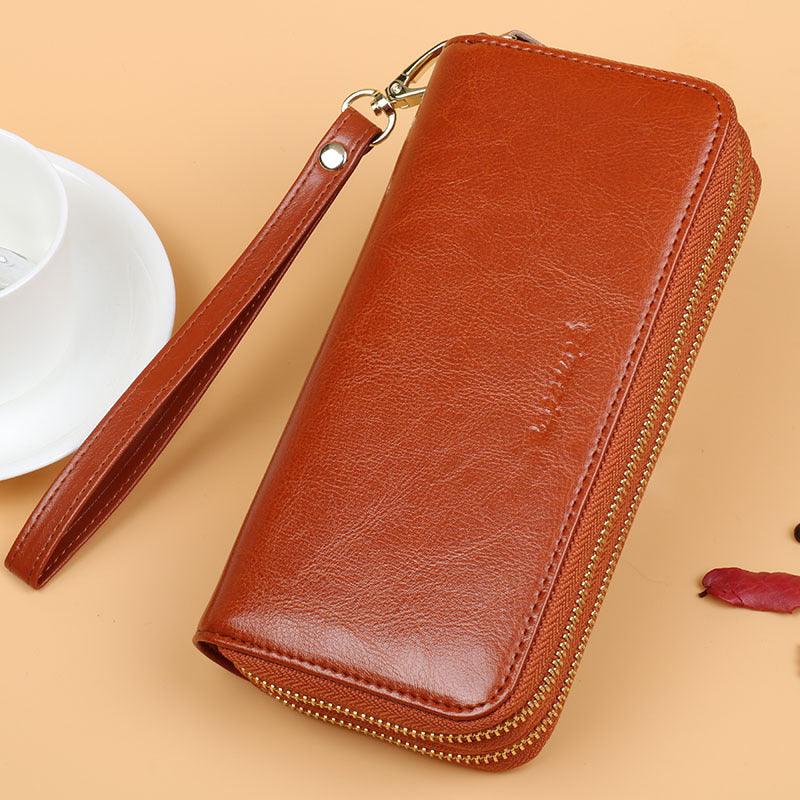 Oil Wax Leather Wallet Women Long Double-layer Zipper Large-capacity Hand Wallet Coin Purse - Trendha