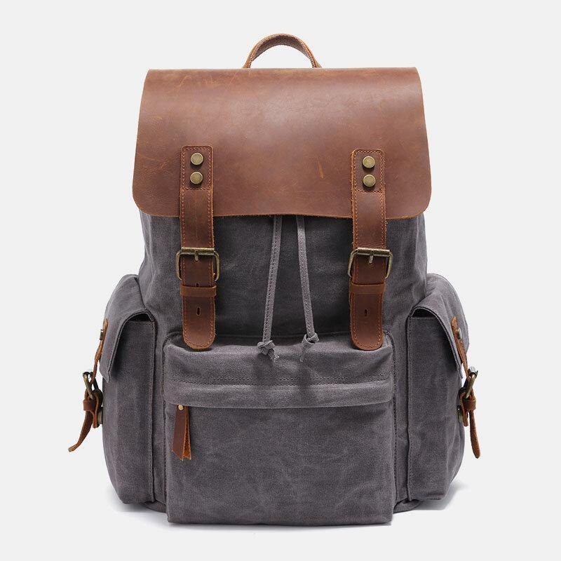 Men Canvas Genuine Leather Cowhide Retro Large Capacity 14 Inch Laptop Bag Waterproof Backpack - Trendha